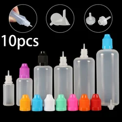 10 Uds. Botellas cuentagotas vacías de 5ml-120ml LDPE contenedor de jugo líquido exprimible para ojos tapa CRC punta cuentagotas larga + embudos