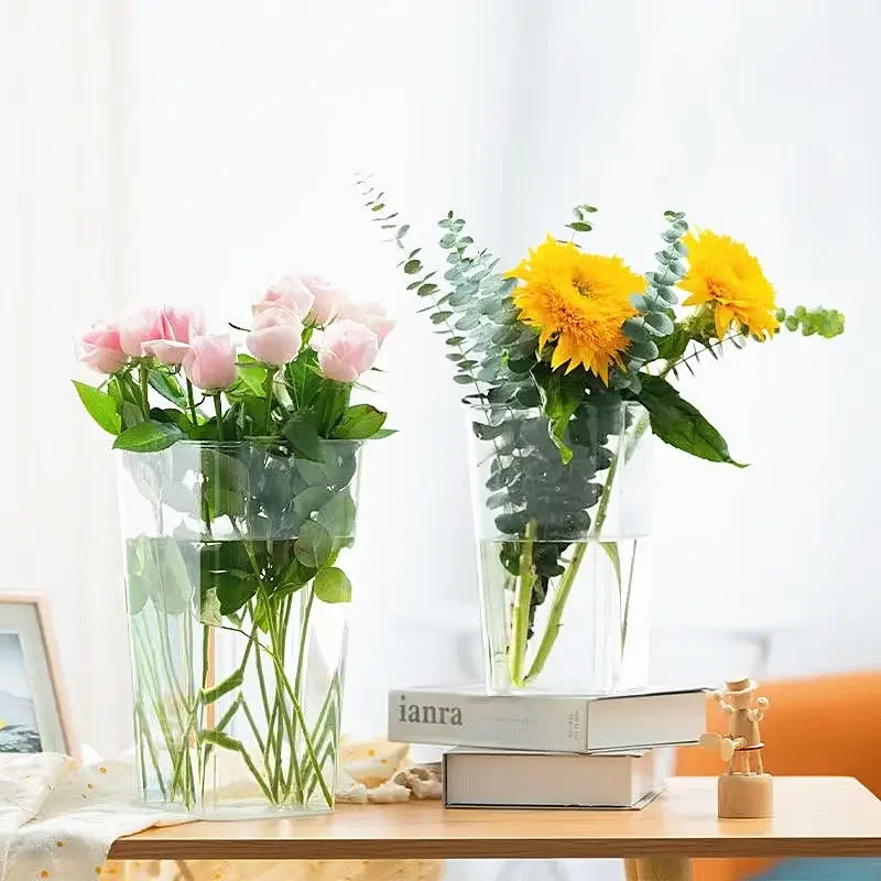 Flower Arrange Square Transparent Bucket 1PC Acrylic Hydroponic Vase Straight Tube Awakening Floral Bottle Wedding Home Deco