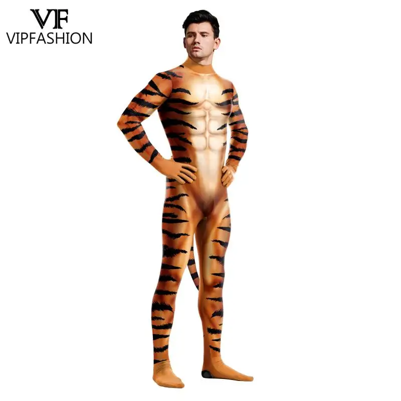 Halloween Costume For Men 3D Leopard Print Funny Pet Animal Suits Adult Cosplay Costume Full Bodysuit Zentai Jumpsuit With Tail