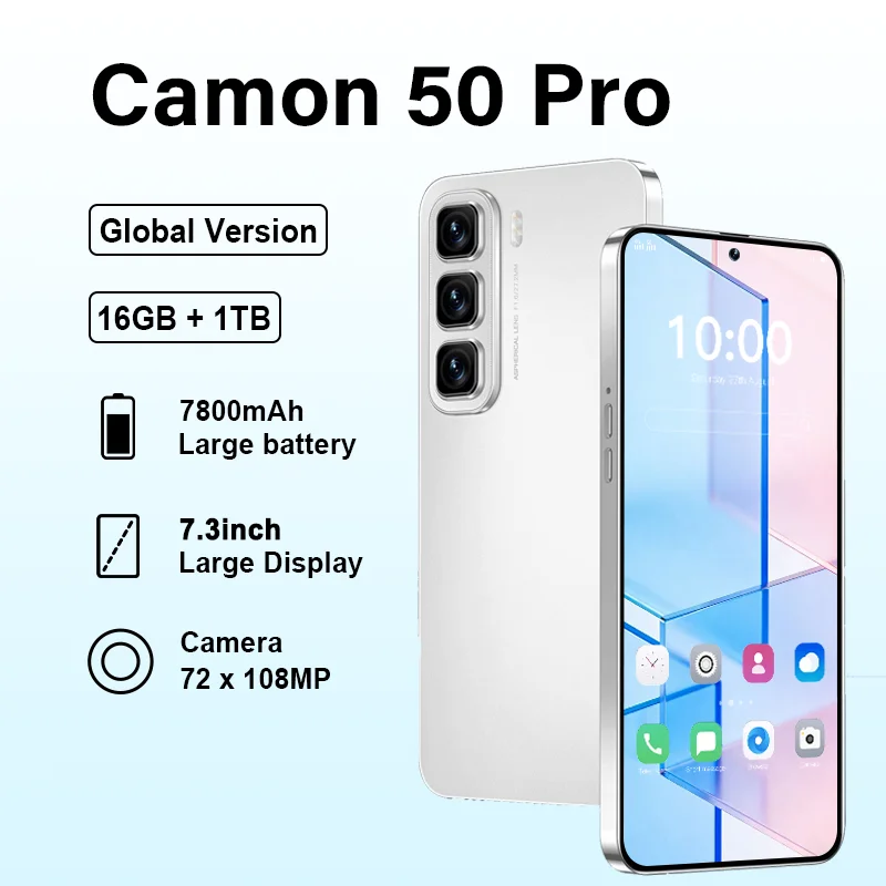 

New Global Version High Quality Camon 50 Pro Standby 7.3" HD 16GB 1TB Intelligent 108M Original 7800mAh Battery Dual Card