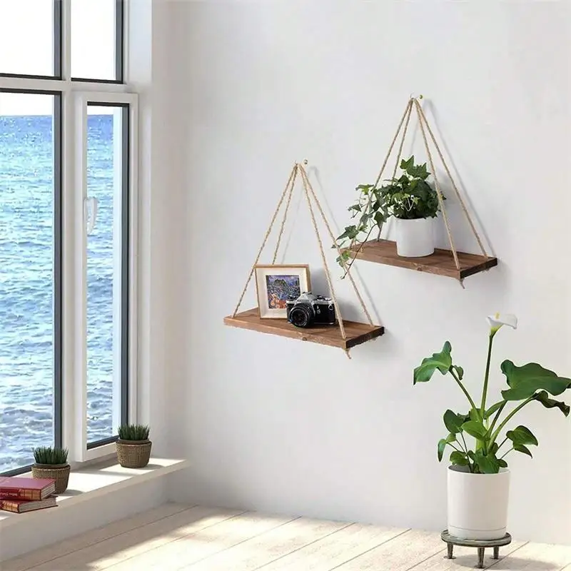 Hanging Wood Shelves Adjustable Cotton Rope Natural Wood Finish For Bedroom Living Room Boho Wall Decor