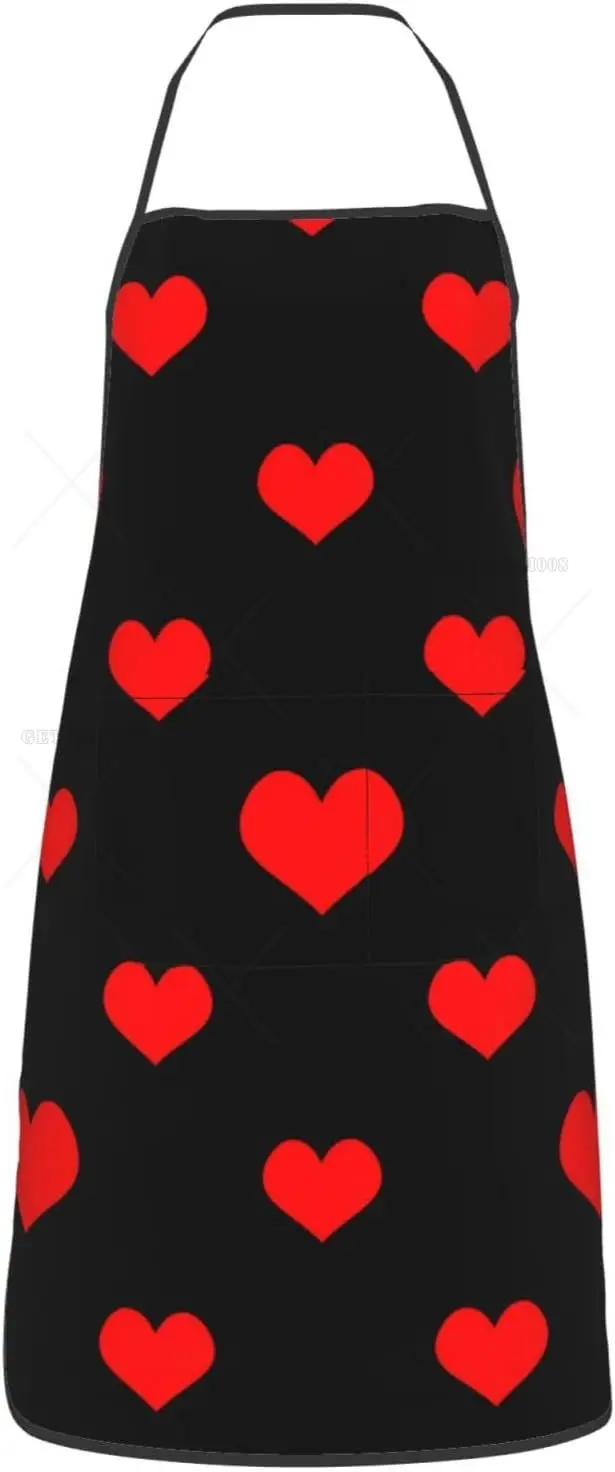 Red Heart Aprons Women Pocket Kitchen Chef Cooking Baking Bib Apron Men for Valentines Day Gifts