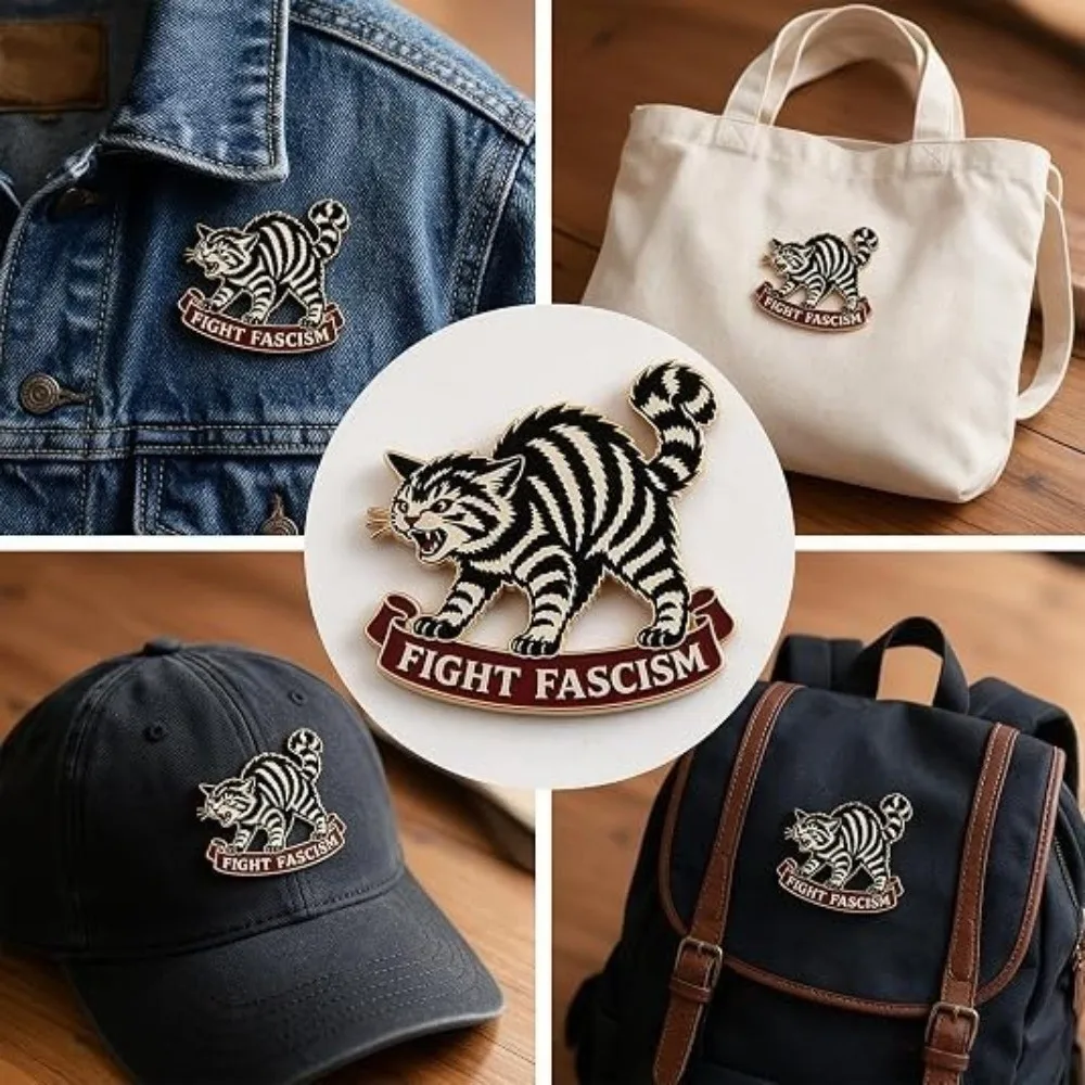 Enamel Fight Fascism Cat Pin Striped Cat with Red Banner Anti Fascist Brooch Tattoo Flash Bold Statement Enamel Brooch