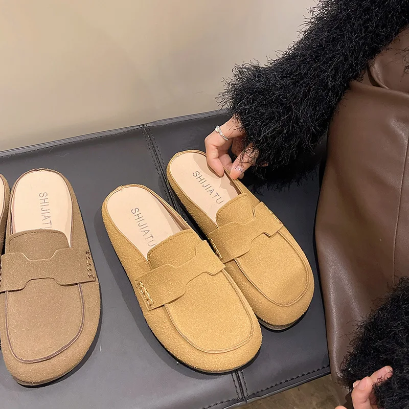 Loafers Flock Slippers Soft Big Size Female Shoes Low Square Toe Slides Comfort 2024 PU Casual Hoof Heels Retro Rubber Fabric