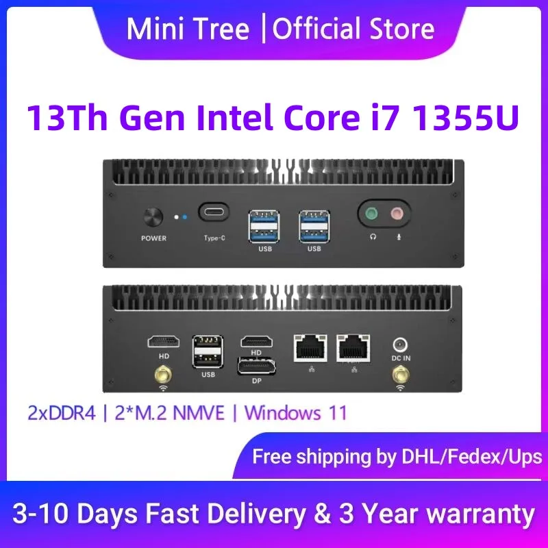 13Th Gen Fanless Mini PC Alder Lake Core i5 1335U i7 1355U PCIe 4.0 DDR4 Wifi6 Win11 Pro Gaming Desktop Computer Thunderbolt4