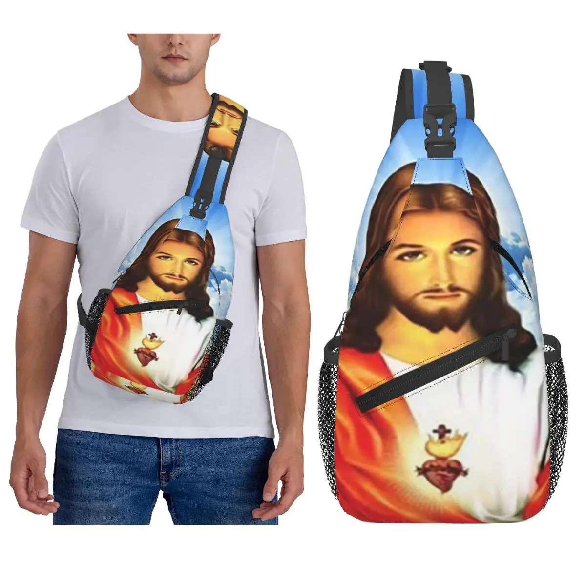 

Священное сердце Иисуса, христианский католический Бог, нагрудная сумка, мужской рюкзак через плечо на слинге, нагрудная сумка, дорожный рюкзак, сумка на плечо