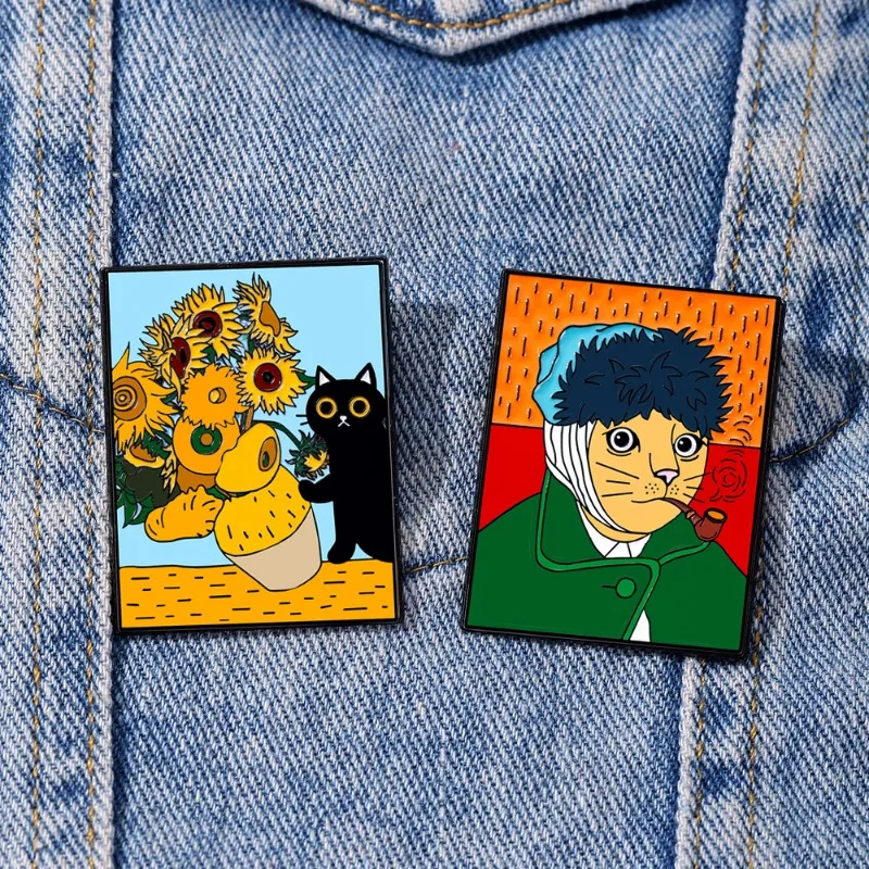 Cartoon Cat Series Badges, Abstract Painting Sunflower Animal Alloy Pins, Wholesale of Clothing Accessories, Gifts for Friends