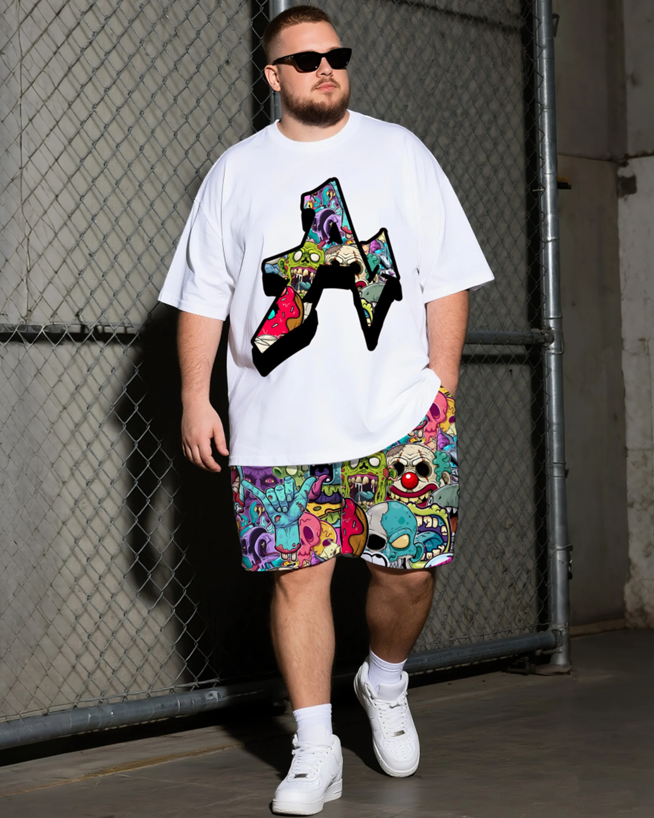 

S-9XL Men's Large Size Cartoon Street Short Sleeve T-shirt Shorts Two-piece Set