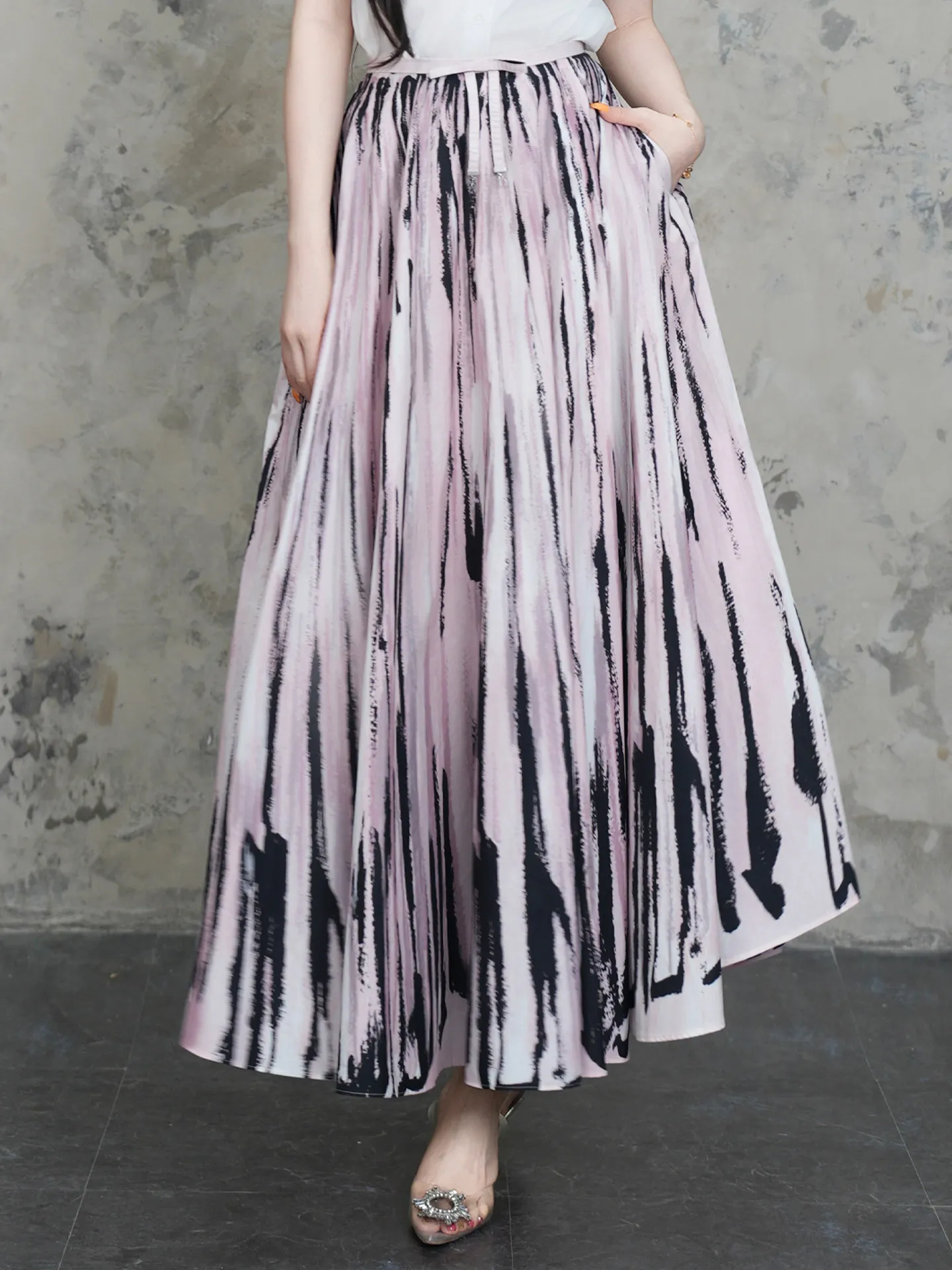 Design Printed Skirt Women's Summer A- Line Large Skirt Long Skirt Powder-tone Positioning Printed Umbrella Skirt Ink-dyed Elega