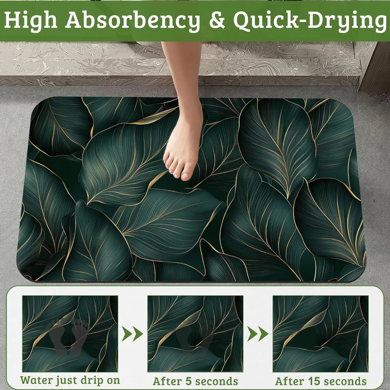 Elegant Tropical Green Leaves Gold Foliage Pattern Area Rug Runner Mat Home Decor Botanical Jungle Living Room Bathroom Accent P