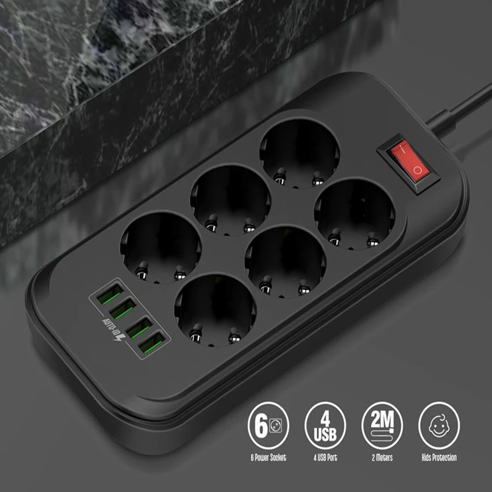 Power Strip Multitap Extension Cord Electrical Socket With 4 USB Ports Fast Charge Multiprise Network Filter Individual Switch.