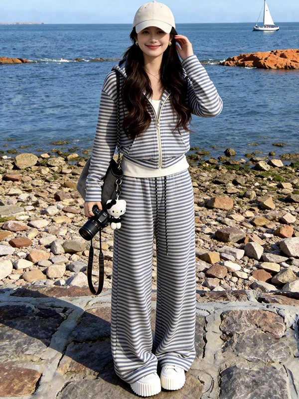 

Spring 2026 Women's Stripe Pattern Comfortable Long Sleeve Top And High Waist Wide Leg Pants Two Piece Set Fashionable Anti-A...