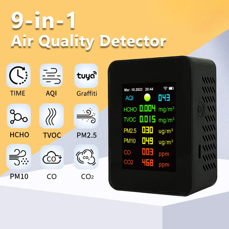 Asixxsix 9in1 Luftqualitäts-Monitor | LED 9-Zoll Mit CO2, PM2.5, TVOC, Temperatur & Uhrzeit Für Zuhause