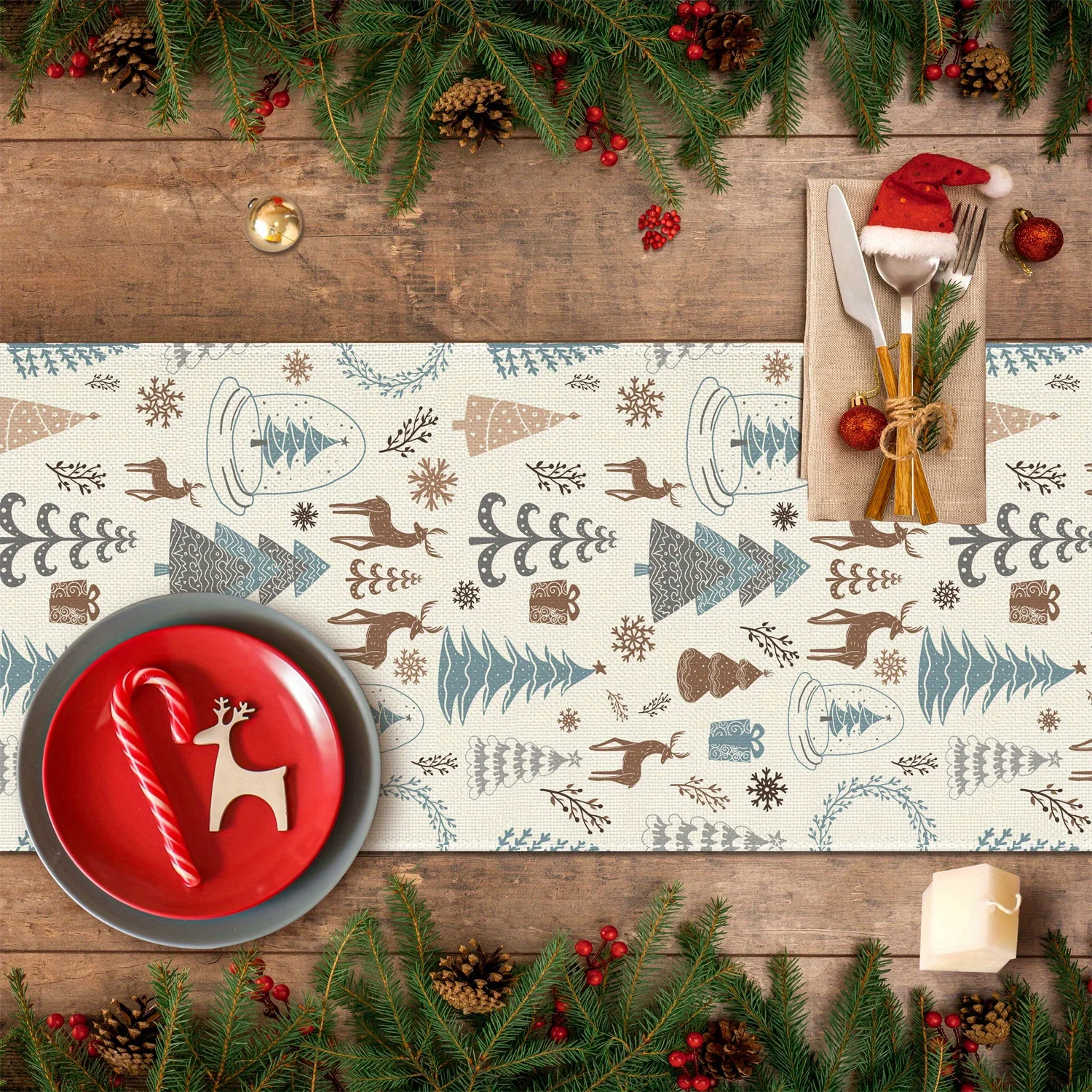 Christmas Tree Reindeer Table Runner 2D Flat Print Festive Home Decor Dining Table Kitchen Table Runner Charming Functional Warm