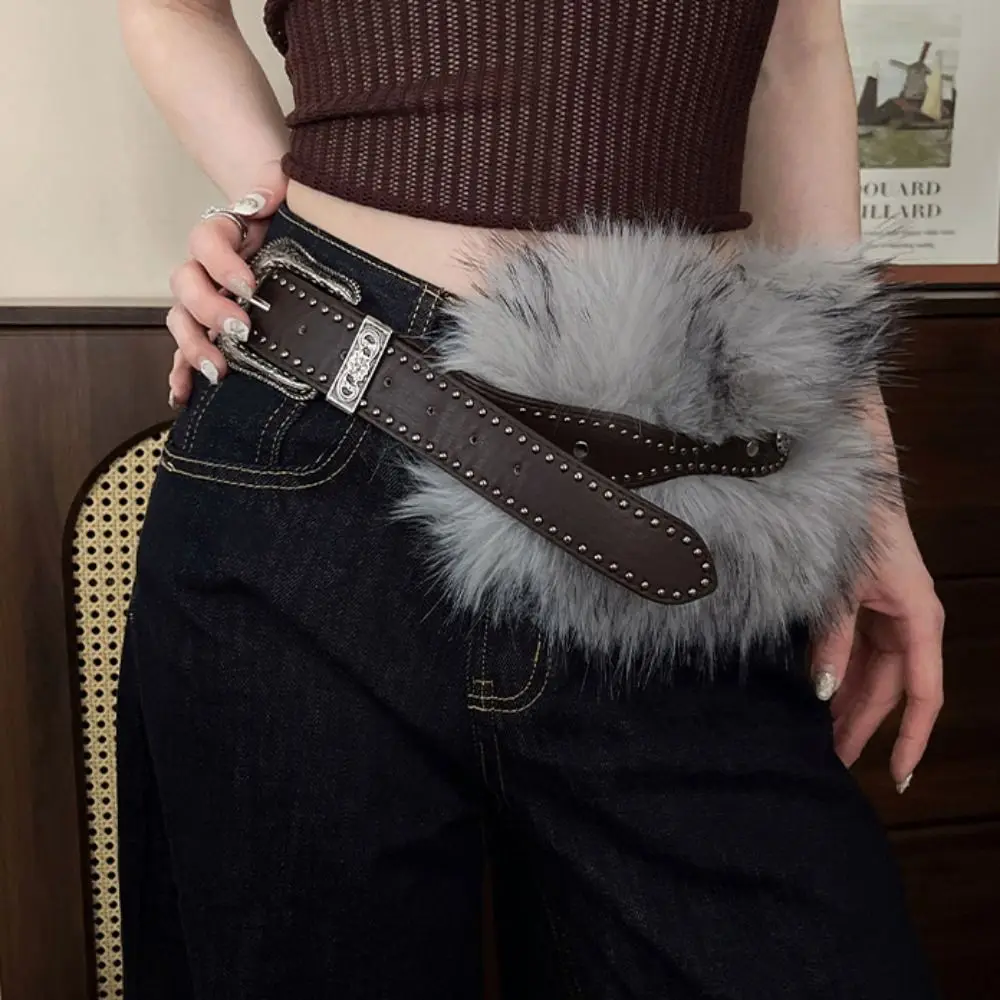 

Vintage Spicy Girl Style Leather Fur Belt Retro Punk Furry Waistband Versatile Jeans Decor Y2K Plush Waist Belt Dress Decoration