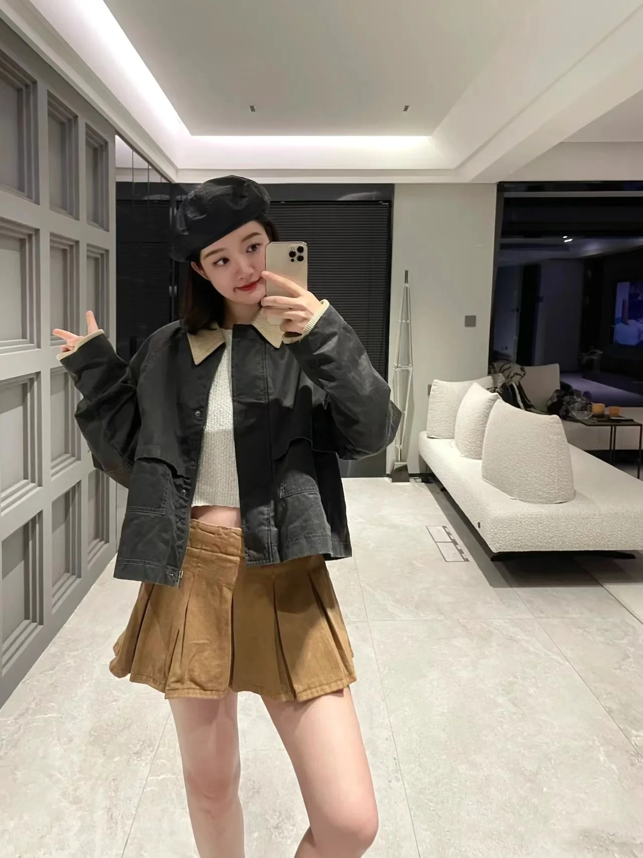 New 2025 Spring Autumn American Retro Contrast Color Wax Jaet Women's Outerwear Collar Zipper Long Sve ort Sle Loose...