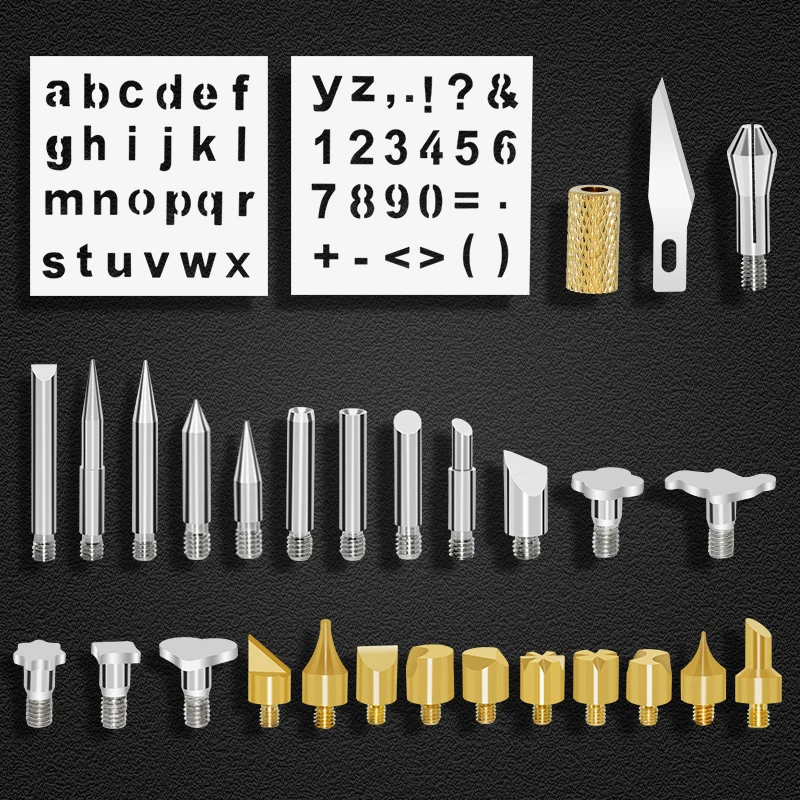 Wood Burning Tips Set, 28pcs Wood Burning Tool Kit Carving Alphabet Figure Symbol for Pyrography Embossing Soldering DIY Crafts