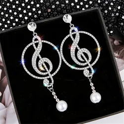 Fashion Music Symbol Rhinestone Crystal Drop Earrings for Women Geometric Pearl Earrings Party Statement Jewelry