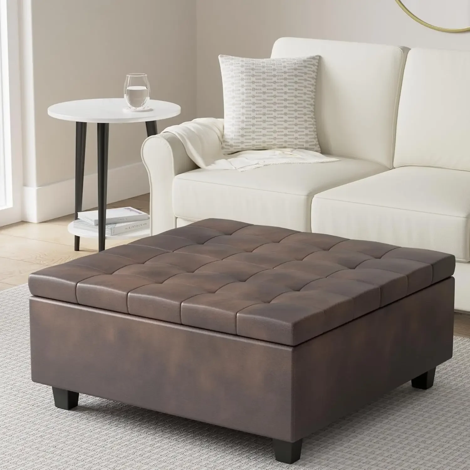 Harrison 36 Inch Wide Square Coffee Table Lift Top Storage Ottoman in Upholstered Distressed Brown Tufted Faux Leathe