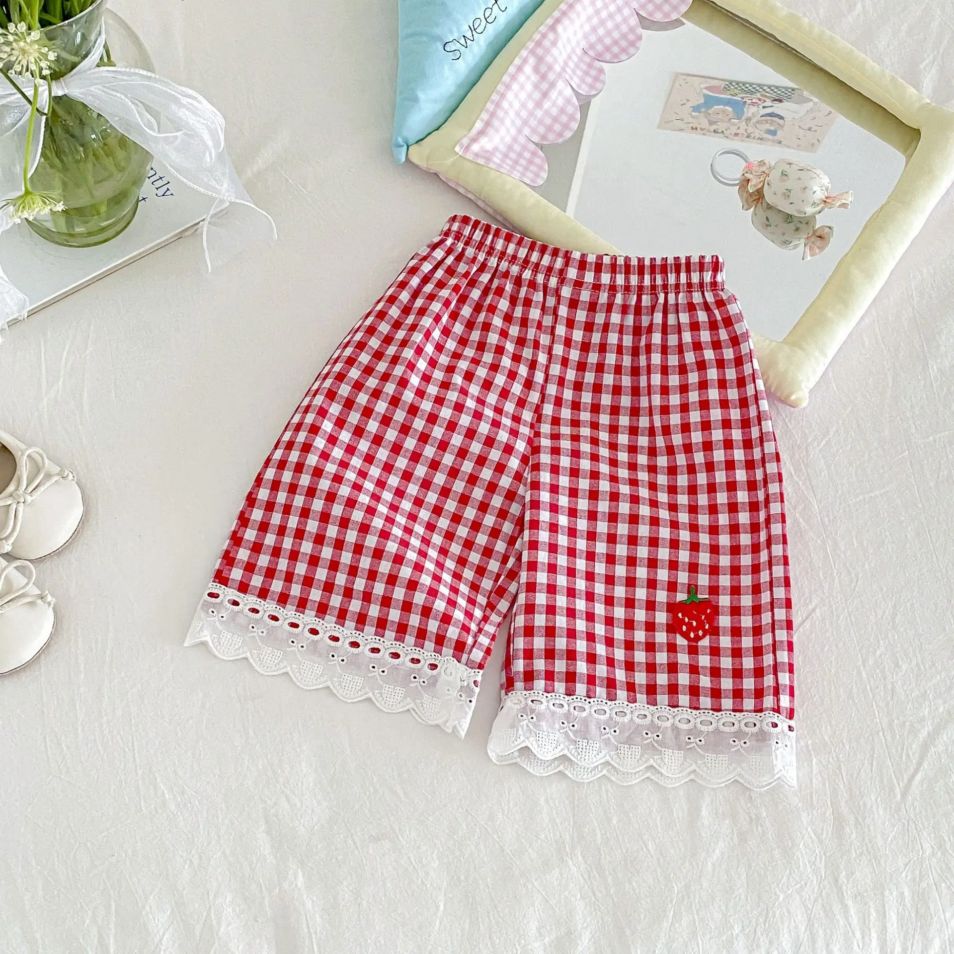2026 Autumn New Girls Plaid Trousers Cotton Baby Girl Cute Sweet Lace Pants Cotton Infant Loose Casual Pants Toddler Clothes