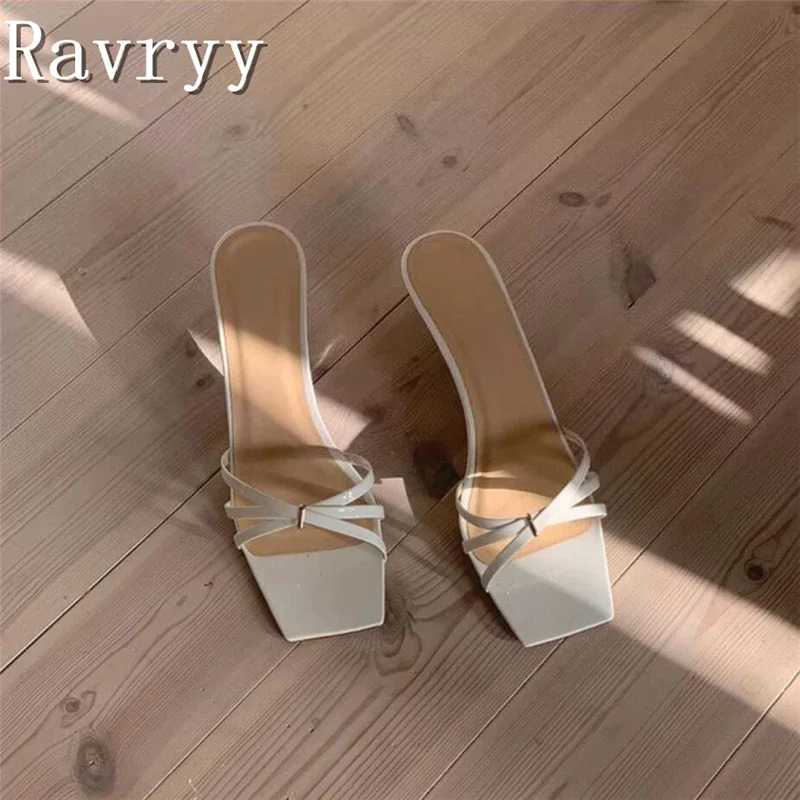 

Bling Water Diamond One Line Open Toe Sandals Summer New Women's Square Head Thick Heels Slippers Luxury Party Dress Shoes