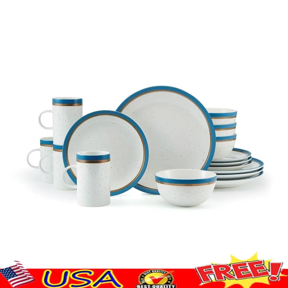 

16 Piece Dinnerware Set Coupe Shape Stoneware Microwave Dishwasher Safe Dark Blue Metallic Rim Modern Table Setting