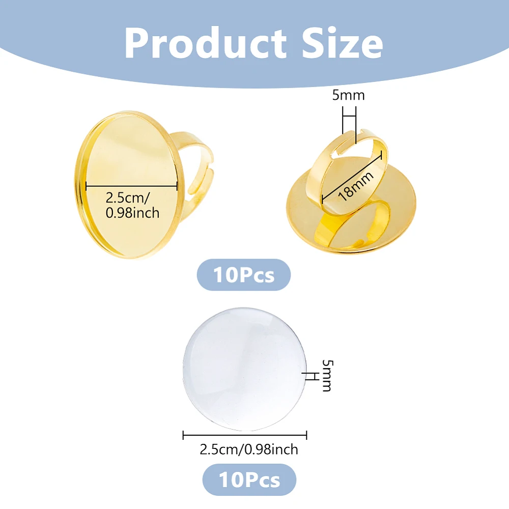 10Pcs Round Cabochon Ring Blanks 25mm Adjustable Finger Ring Base Golden Blank Rings Stainless Steel Rings Making Kit for DIY