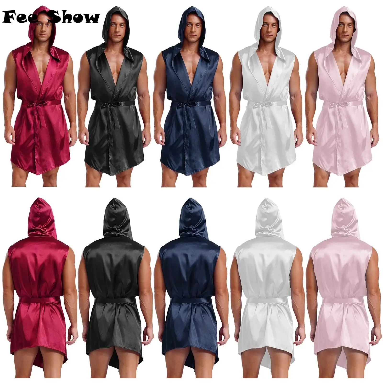 Mens Satin Hooded Pajama Robe with Belt Sleeveless Open Front Lace Up Sleepwear Sissy Bathroom Robe Homewear