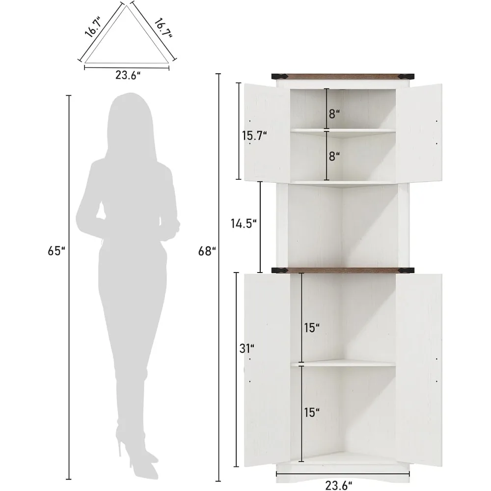 68" hoher Eckschrank mit 4 Türen und verstellbaren Regalen