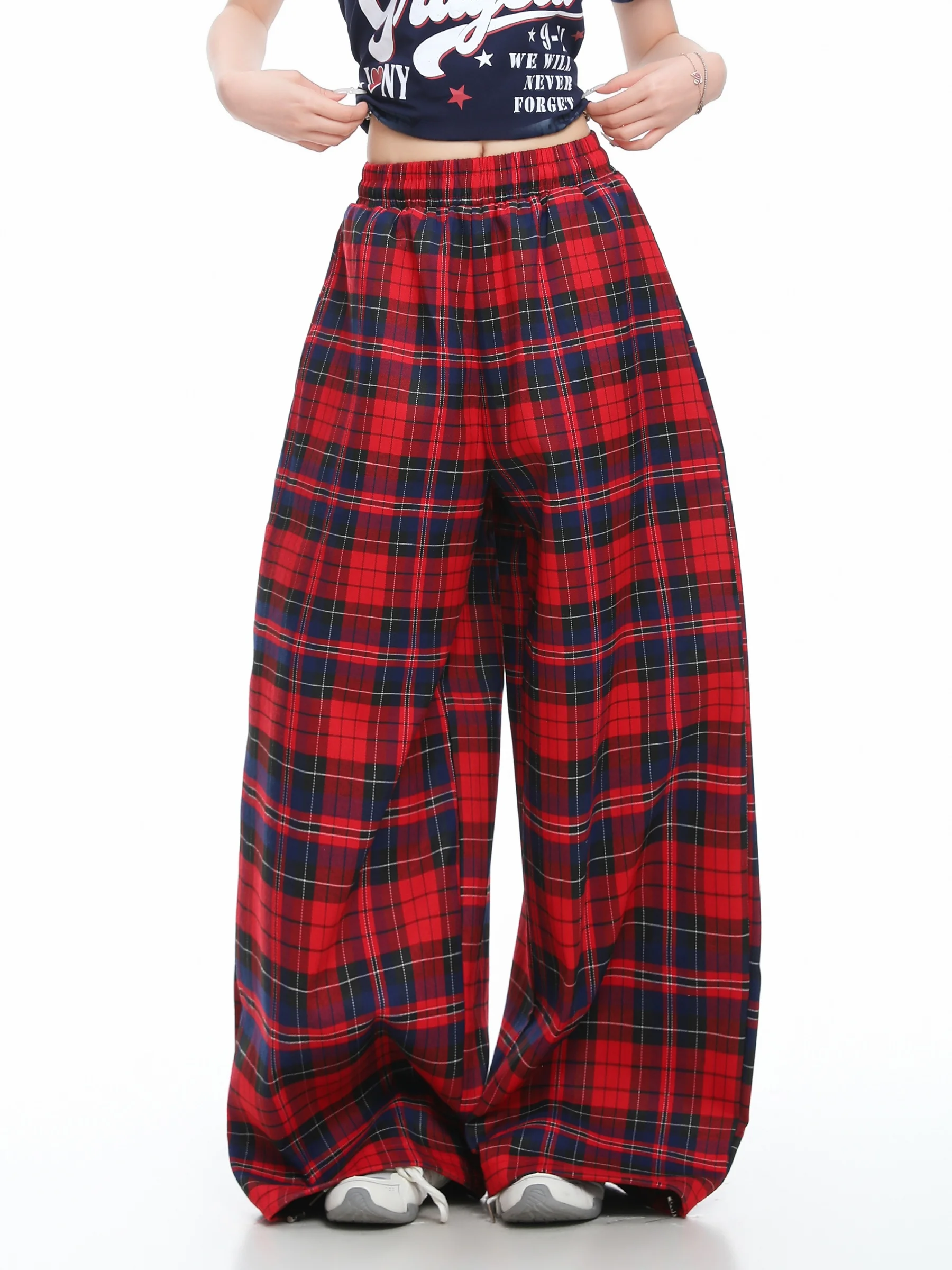 BASTERDS High Waist Wide Leg Casual Pants Women's Spring Season Checkered Color Block Floor Length Trousers Polyester Fabric