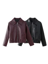 New autumn women's clothing European and American style French fashion design solid color square collar leather jacket