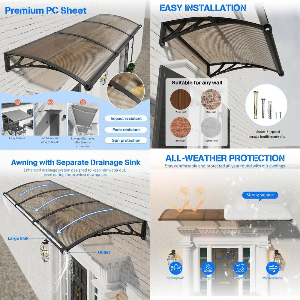 

Навес для входной двери 40x60 дюймов, с отдельным дренажем, для наружной установки, защита от УФ-излучения, дождя и влаги.