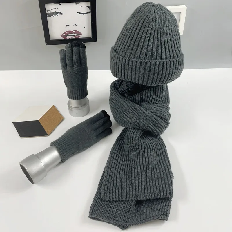 Winter Knitted Hats Warm Gloves Scarves Fashion Women 3Pcs Outdoor Thicken Fleece Cold Protection Scarf Suits Solid Simple Glove