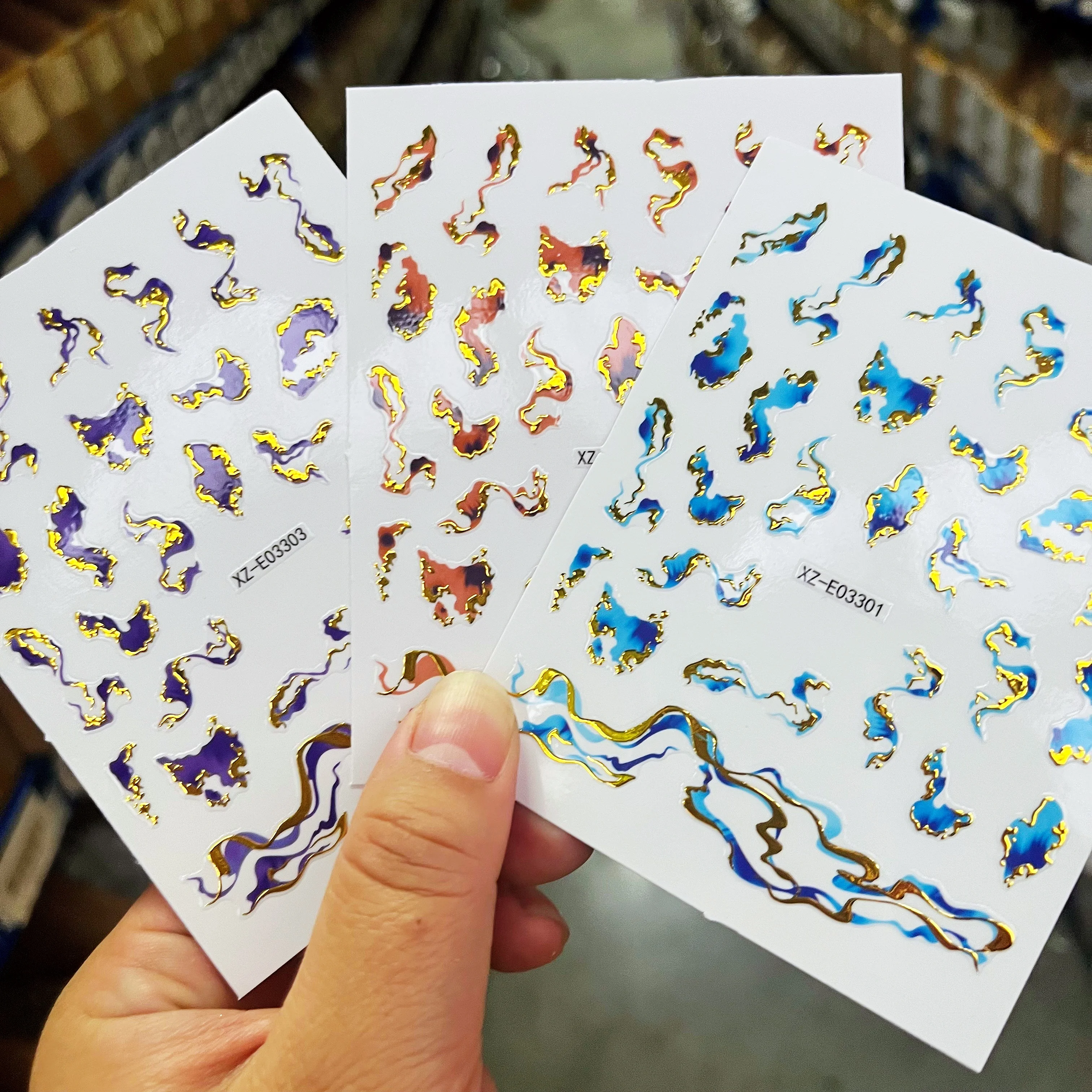 3pcs Gold Foil Marble Nail Stickers Bronzing Abstract Wave Nail Decals Colorful Liquid Pattern Nail Wraps DIY Manicure Supplies*