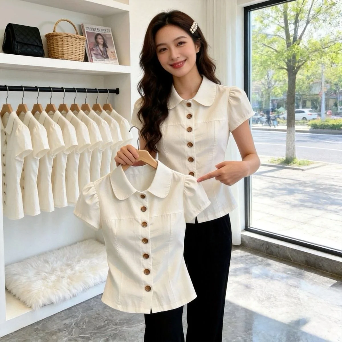 

Chic Short Sleeve Doll Collar Shirt Women's Summer New Single Button Luxury Style Ultra Cute Shirt Fashionable Casual Blouse