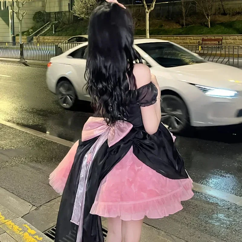 Gaun Lolita Gotik Jepang gaun putri tanpa bahu renda pita beruang lucu merah muda hitam kostum Halloween manis anak perempuan