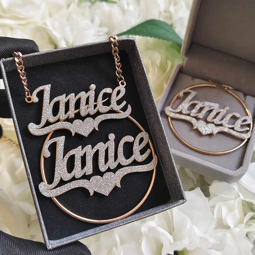 DHQH Wholesale Customized Name Shining Sticker Set Personalized Letter Necklace Earring Set Birthday Gift Factory Direct  Sales