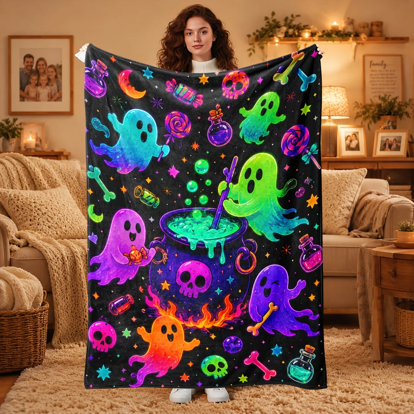 Neon Halloween Throw Blanket Ghost Cauldron Skull Candy Art Print Soft Flannel for Kids Room Sofa Lap Holiday Theme Decor Gift