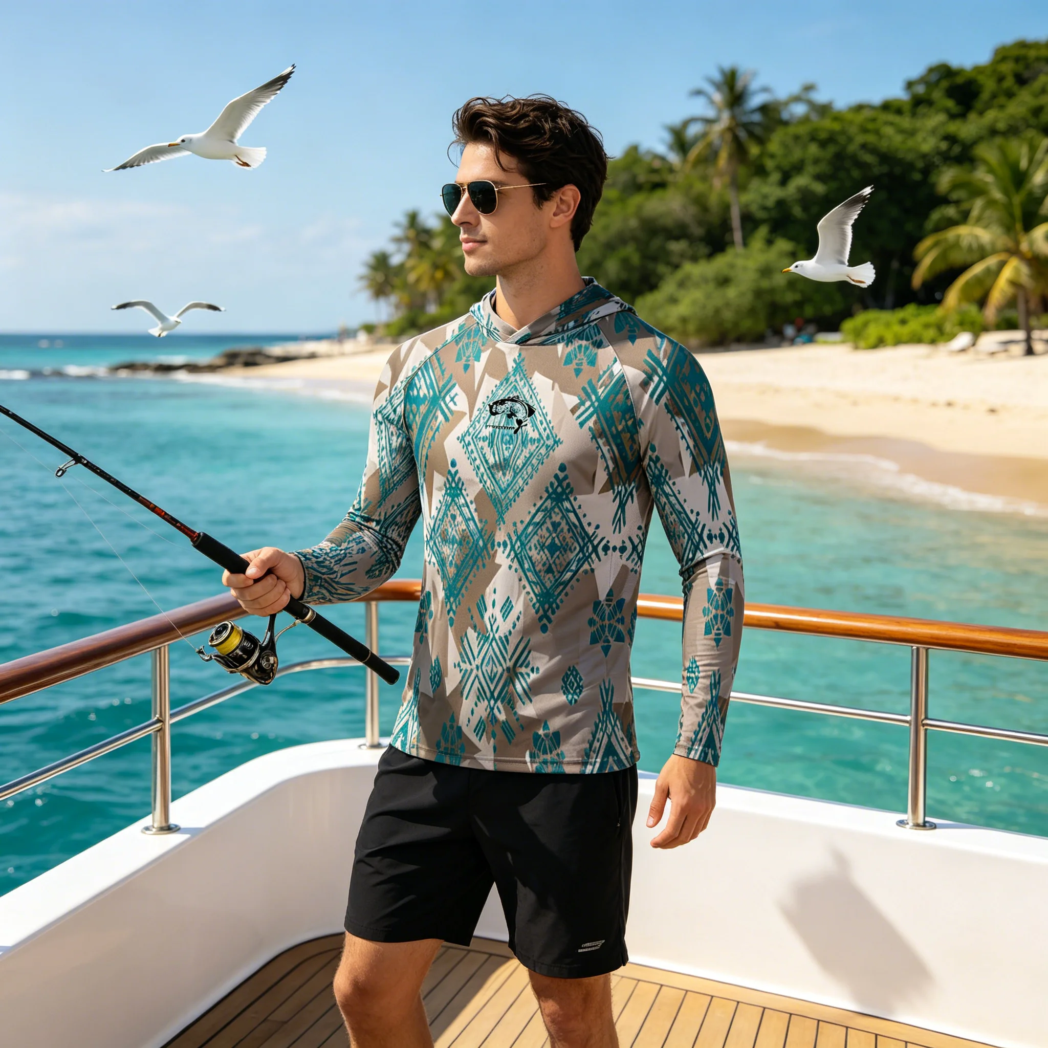 UPF50+Fishing Hoodies Fish Shirts  Sun Protection Long Sleeve Quick Dry Breathable Boho Print Outdoor Fishing Hiking Camping Men