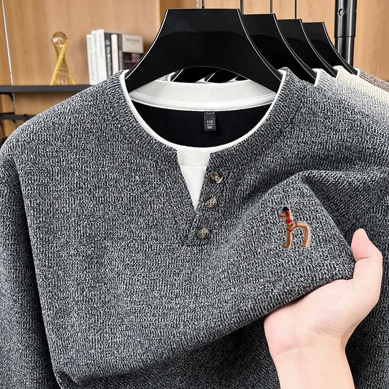 Men Long Sleeve Henley Shirt Waffle Knit Pullover Fake Two Piece Button Dachshund Dog Embroidery Casual Warm Autumn Winter Tops