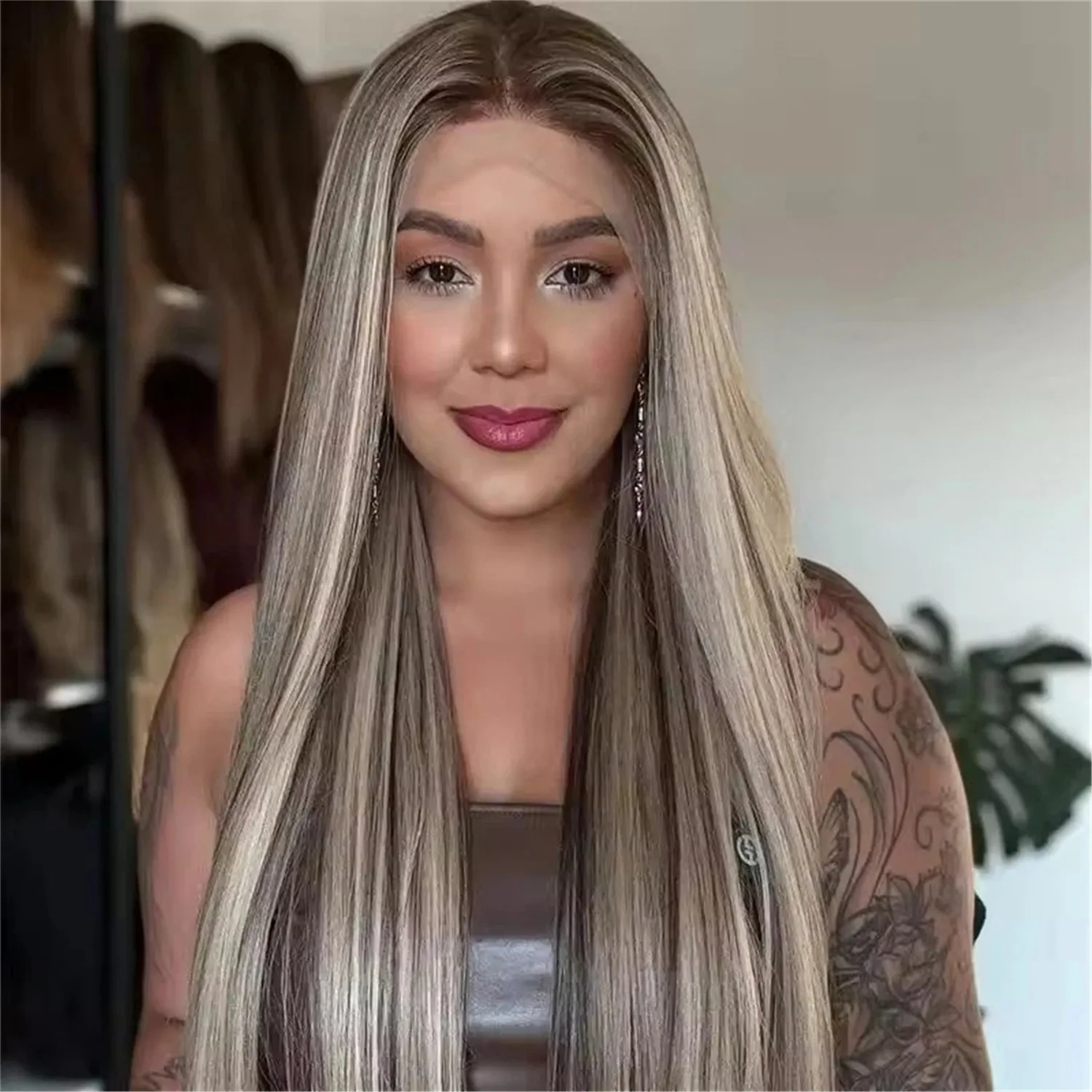 Cool Straight Hair Ombre Blodne Brown High Quality Synthetic Lace Wig Long Not Knotted Soft Hot Star Hair Small Large Cap Size