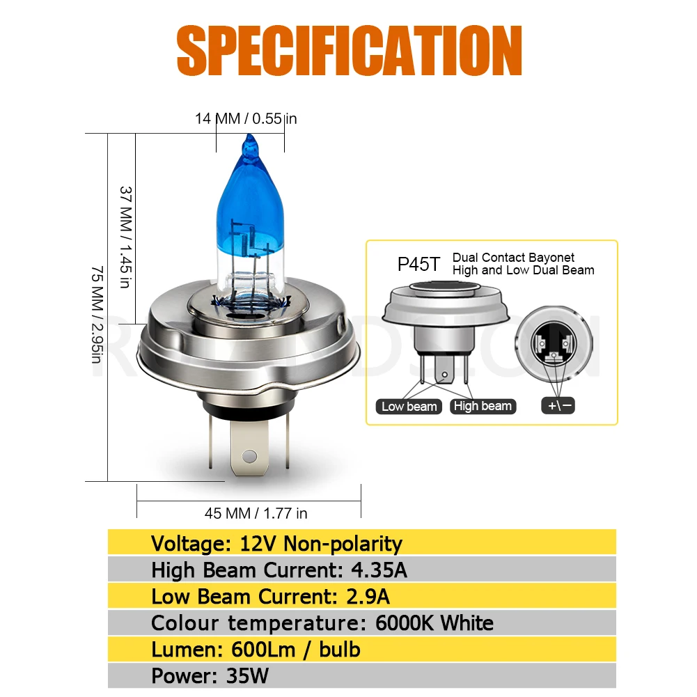 Ruiandsion P45T Halogen Light Bulb 12V Light 35W  Car Motorcycle Lamp High Low Bean White Light