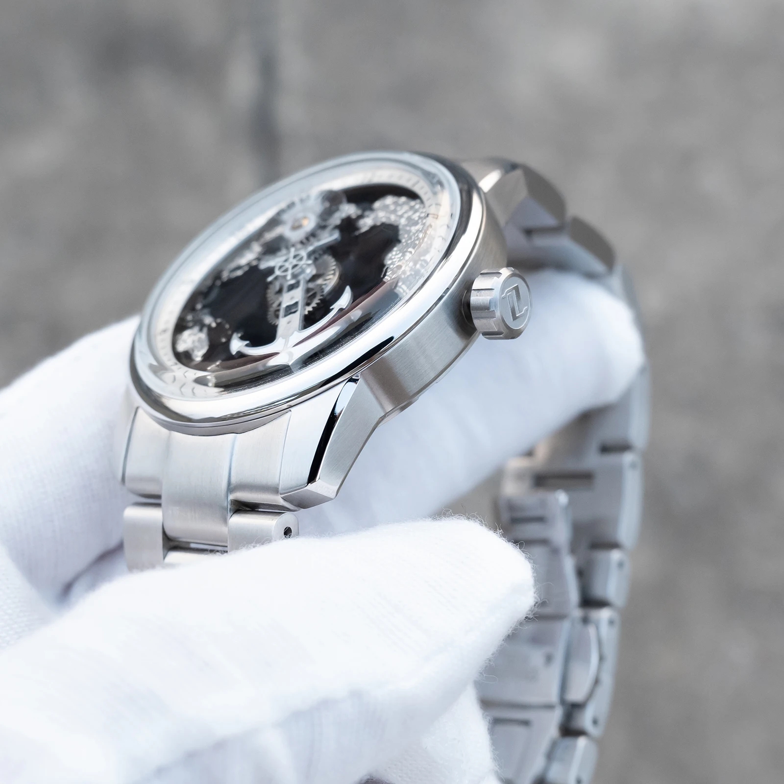 OBLVLO Luxury Black Dial Automatic Watch Fashion Navigator Stainless Steel Bracelet Band Mechanical Clock for Business Men