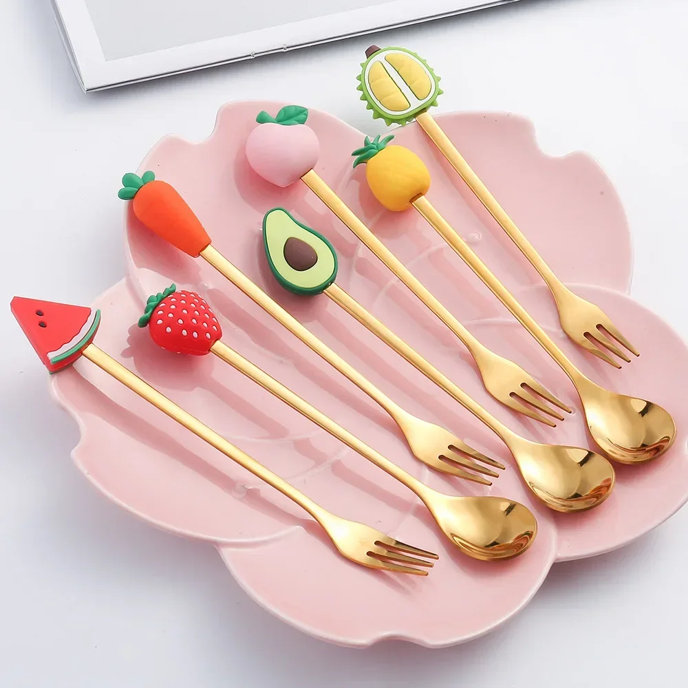 Fruits Spoons Forks 304 Stainless Steel Tableware Cake Coffee Dessert Soup Stirring Spoon Fork Watermelon Portable Travel Use