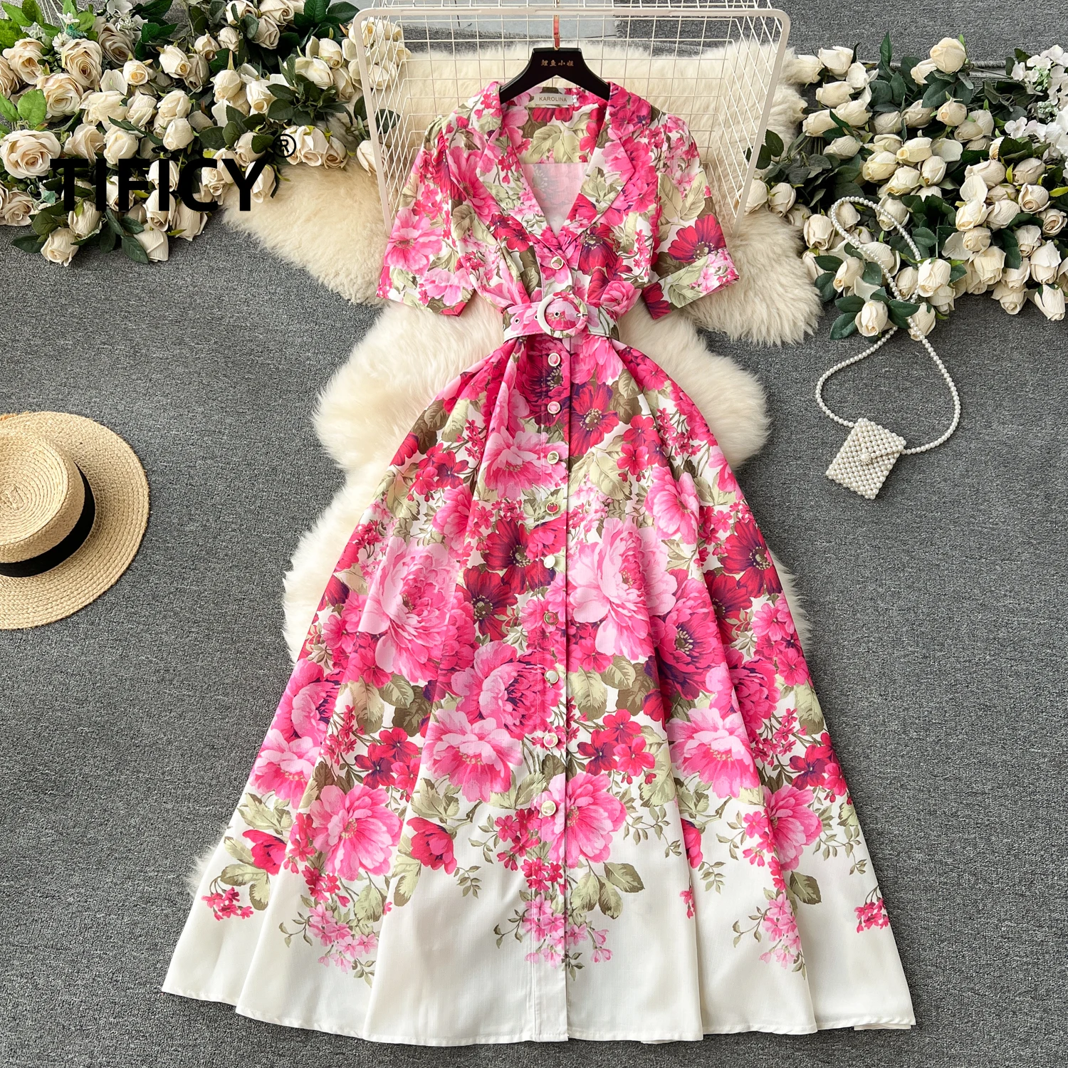 

Vintage Flower Dresses Summer Women's New High-end Style Suit Collar Buckle Slim Fit Long Temperament Streetwear Party Dress