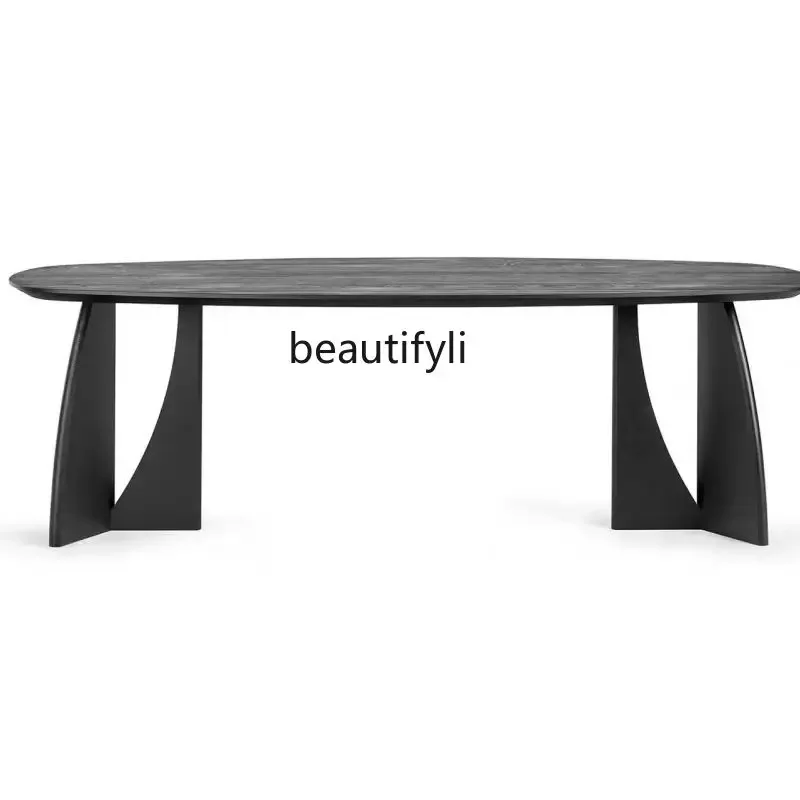 

xz1Wabi French retro all solid wood dining table designer oval log desk living room home desk