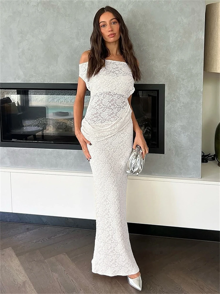 Przezroczysta Koronkowa Sukienka Bodycon Maxi z Wycięciami dla Kobiet Bez Pleców Sexy Odkryte Ramiona Elegancka Długa Sukienka Szykowny Strój Wieczorowy na Imprezę