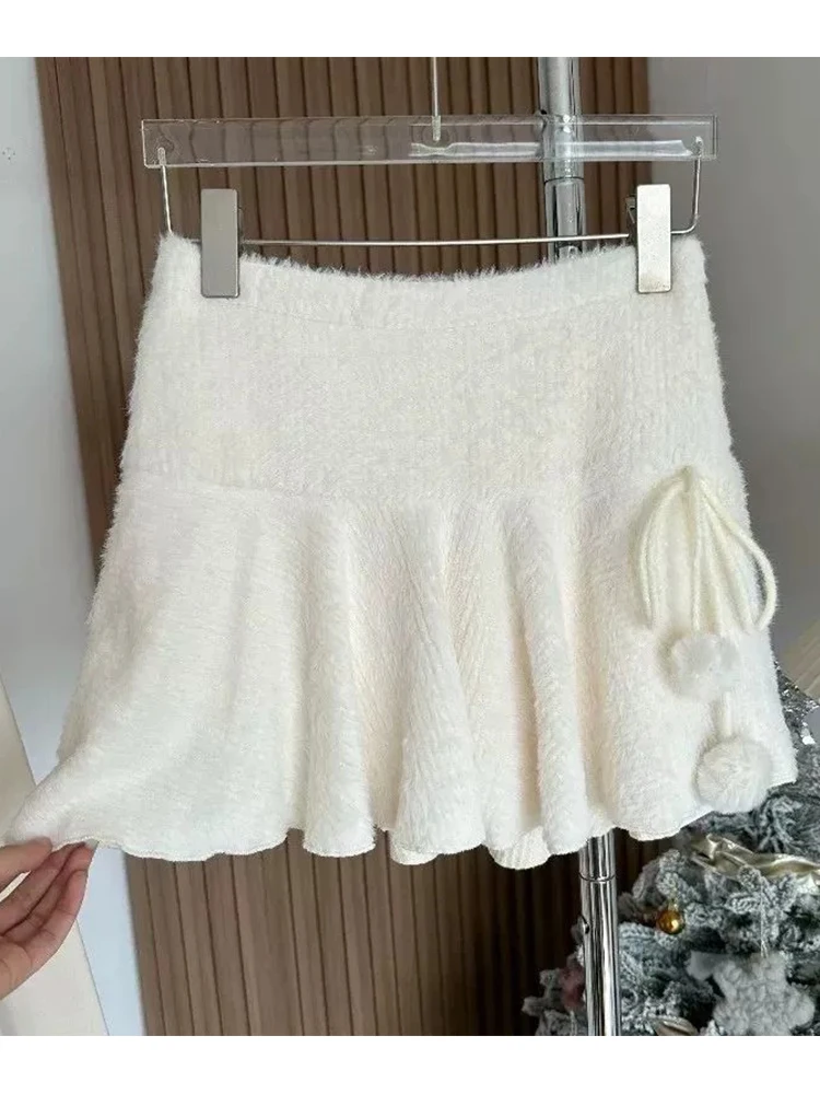 Spicy Girl Pure Desire White Knitted Ruffle Hem  Skirt Women's Autumn Winter New Vintage Small Size Plush A-Line Skirt