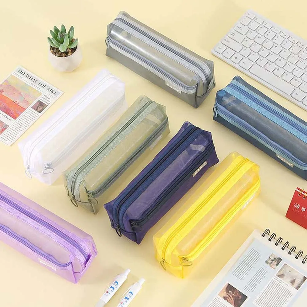 Stationery Double Mesh Pencil Bag Transparent Pen Box Mesh Zipper Case Document Bag Coin Purse Cosmetic Storage Bag Boys/Girls