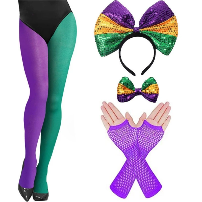 Mardi Gras Costume Accessories Set Fishnet Gloves,Bows Headband Tricolor Tights Pantyhose for Halloween Masquerade Party